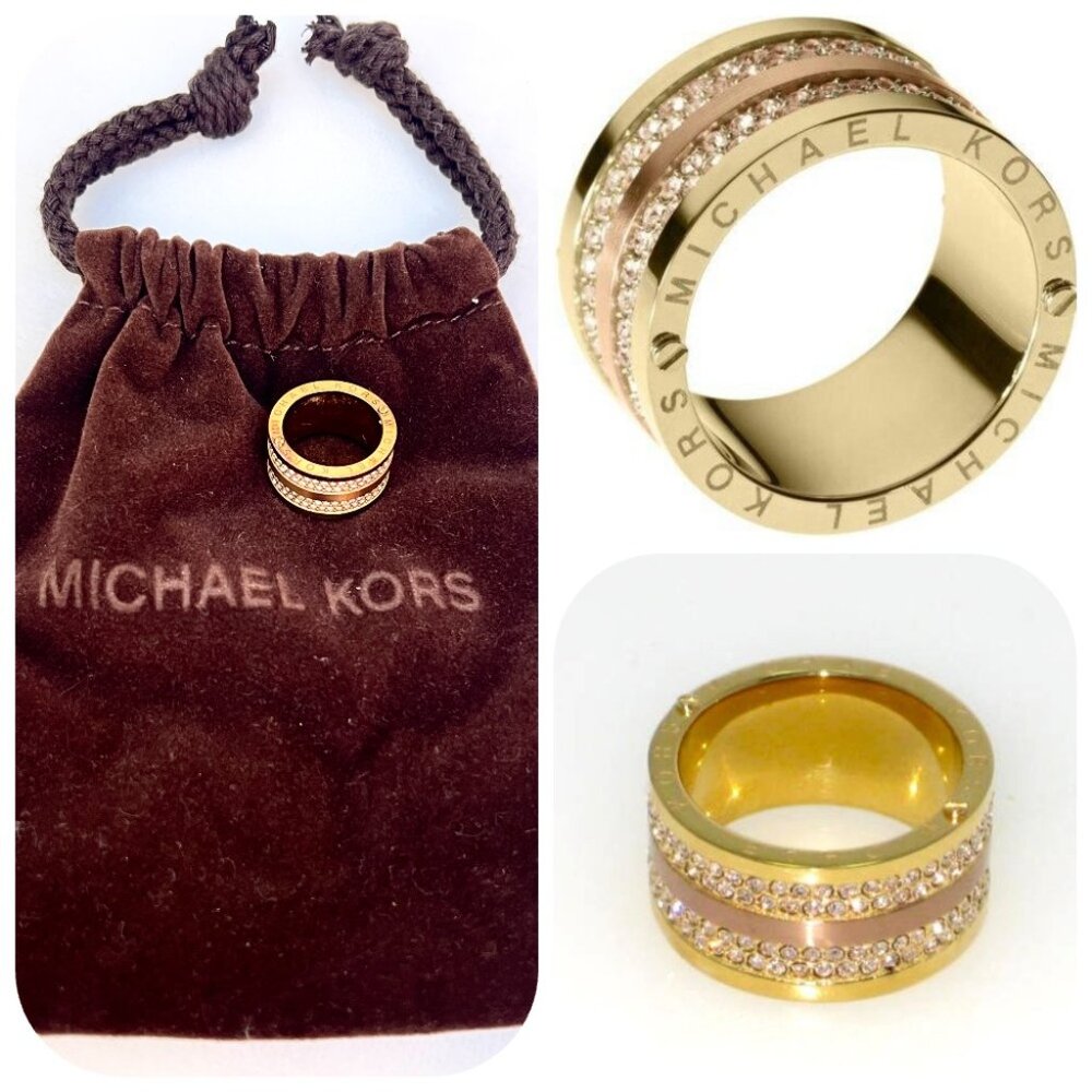 New Michael Kors 14ct yellow Gold Plated Cubic Zirconia Pavé Barrel Band Ring 6